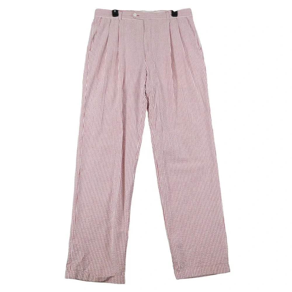 Louis Raphael Rosso Pants Mens 34x33 Red White Seersucker Striped Pleated Summer